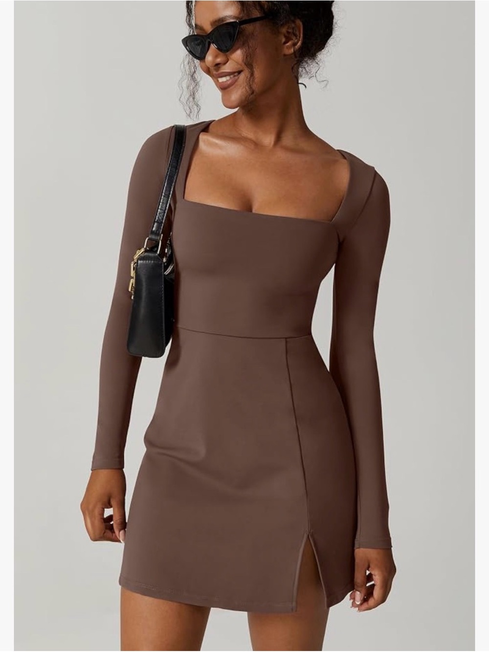 NWT Quinsen Square Neck Long Sleeve Chocolate Mini Dress